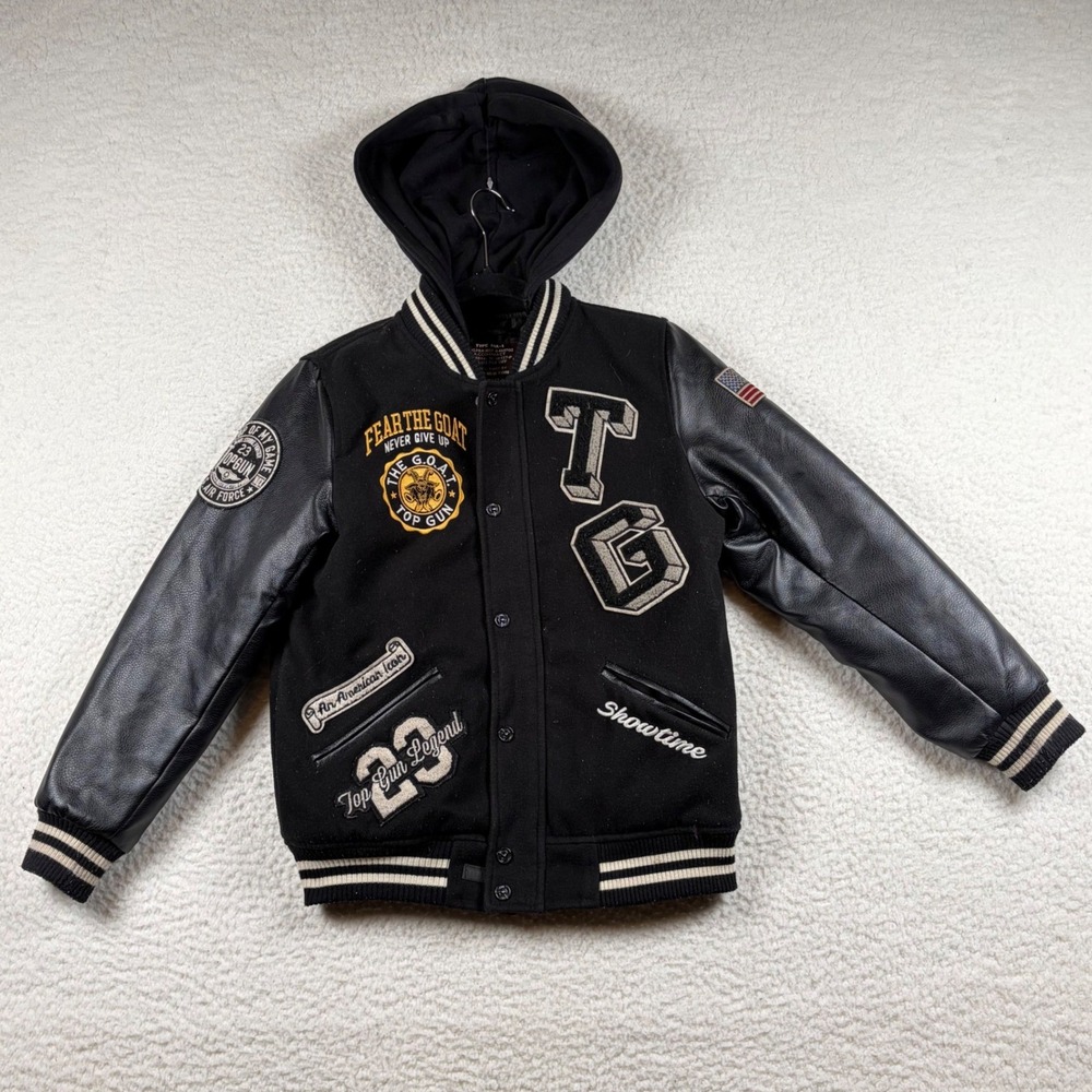 Top Gun Kids Bear Goat Varsity Jacket 10 Black Hooded Leather MA-1 Military